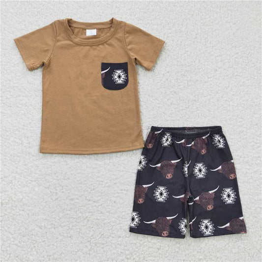 BSSO0148 Boys' Alpine Geometric Brown Pocket Short Sleeve Shorts Set