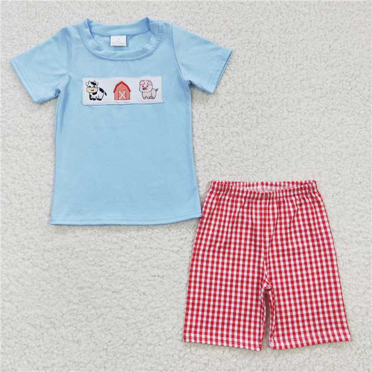BSSO0181 Boys Embroidered Farm Cow Pig Blue Short Sleeve Shorts Set
