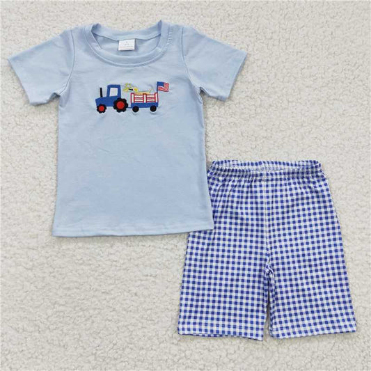 BSSO0195 Boys Embroidered National Day Car Dog Blue Short Sleeve Shorts Set