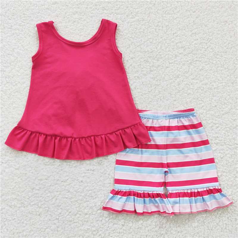 GSSO0209 Girls Rose Red Striped Vest Shorts Set