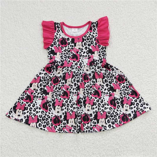 GSD0214 Girls Cartoon Black Leopard Print Dress with Flying Sleeves