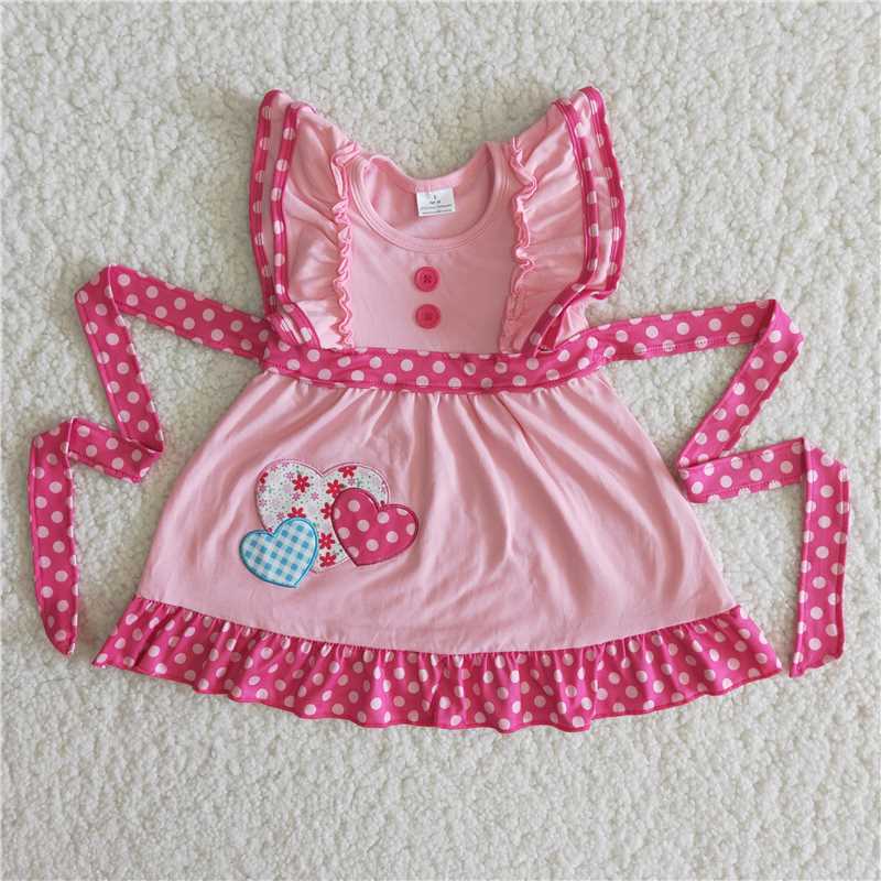 girl pink solid color cotton frock kids heart dot dress with belt for valentine's day