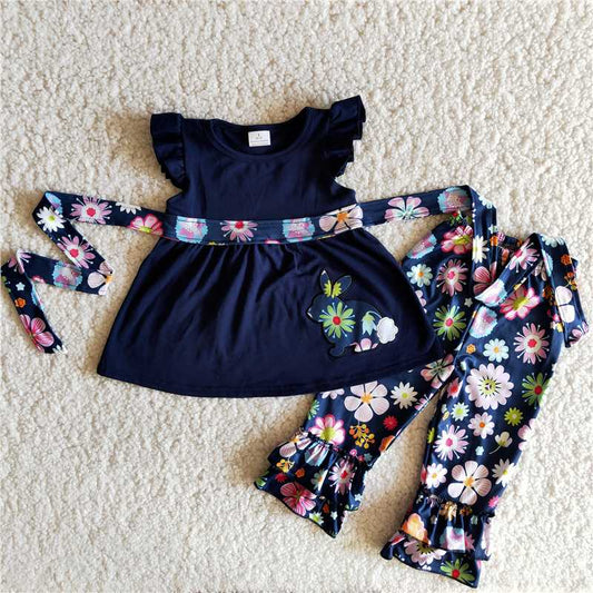 girl navy flutter sleeve tunic with belt match flowers pants kids embroidery buuny outfit