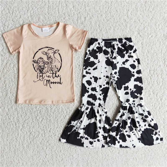 C4-13 Cow letter top with bow and cow flared pants