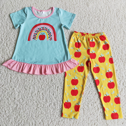D3-28 girl summer short sleeve rainbow top match apples pattern long pants outfit
