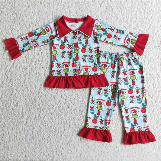 6 B3-24 girl christmas long sleeve turn-down collar pajamas set with red ruffles