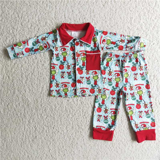 boy long sleeve turn-down collar pajamas set kids christmas outfit with pocket
