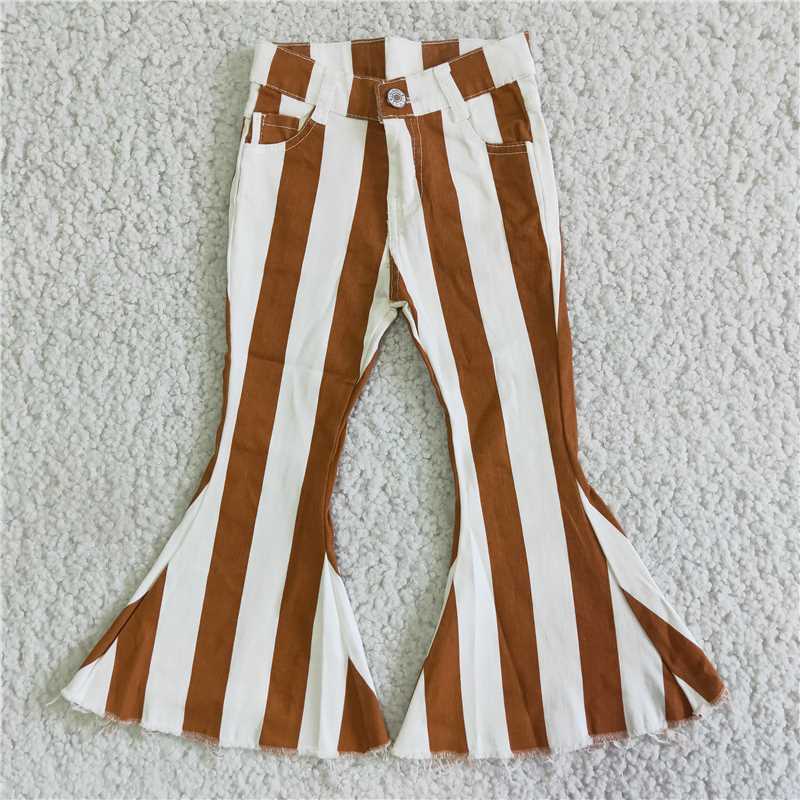 girl white and brown stripes bell pants