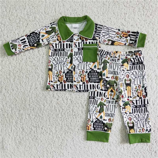 6 B12-27 merry christmas boy long sleeve turn-down collar top and pants set with letter design