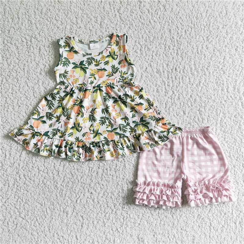 GSSO0076 Girls Sleeveless Fruit Green Leaf Top Pink Plaid Lace Shorts Set