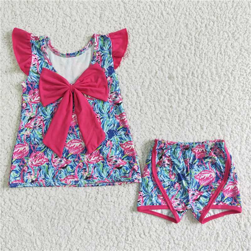 GSSO0100  Girls Rose Red Bow Flower Flying Sleeve Shorts Set