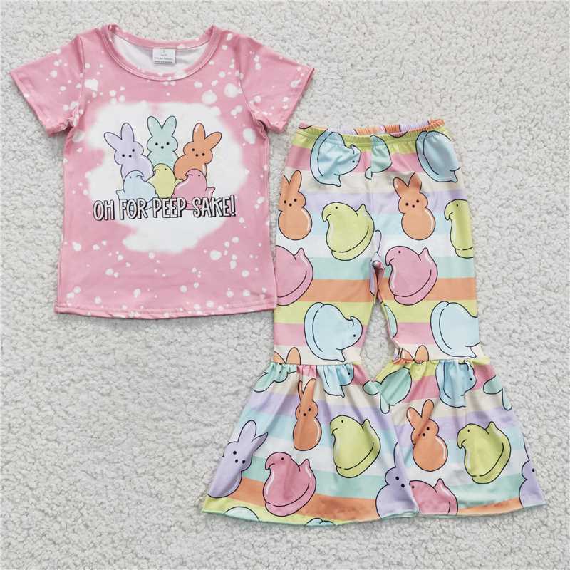 GSPO0435 Girls Colorful Bunny Pink Short Sleeve Trousers Set