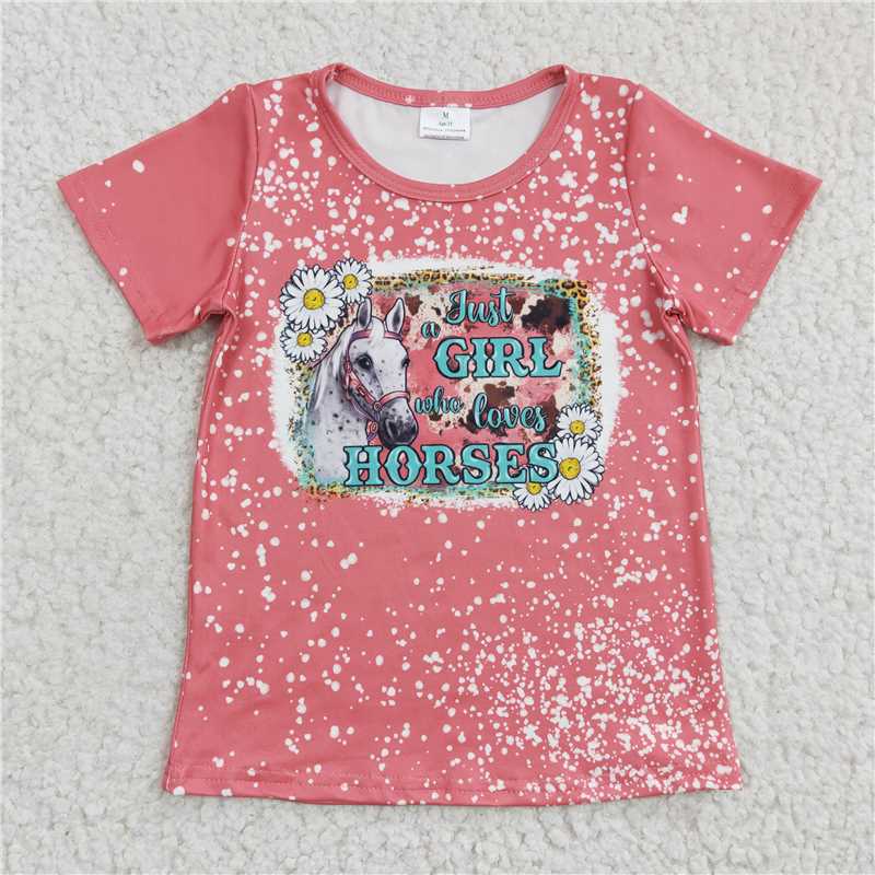 GT0095 Girls Alphabet Print Horse Daisy Pink Short Sleeve Top