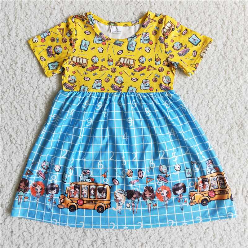 D3-19 girl summer back to school short sleeve twirl dress with school bus and book pattern