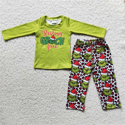 6 C10-37 boy green long sleeve t-shirt match elastic waist straight pants 2pieces set