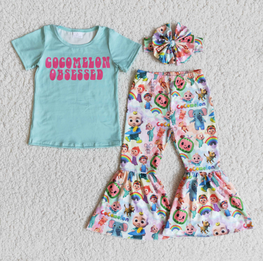 E6-4 Cartoon Print Children's Short Sleeve Flared Pants Set