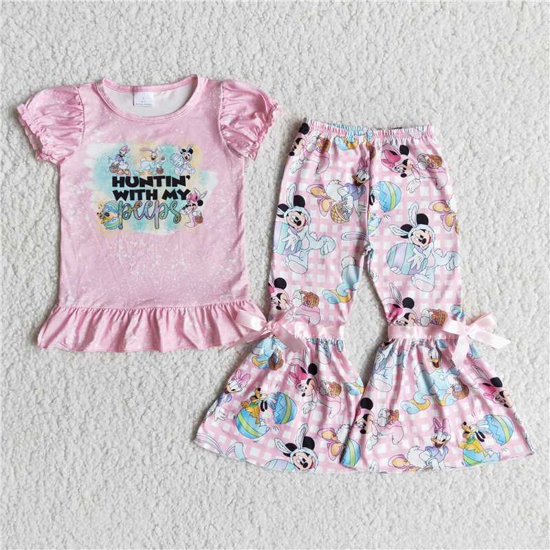 E7-19  Cute cartoon pink short-sleeved cartoon plaid flared pants suit