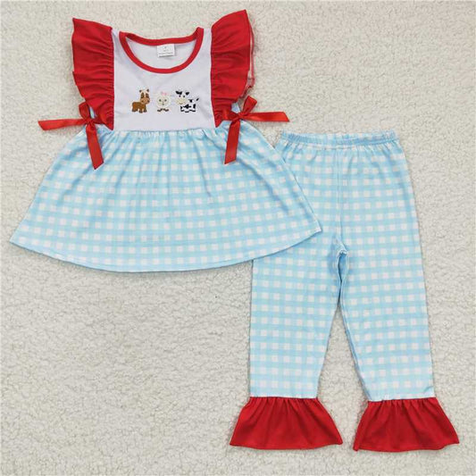 GSPO0381 Girls Embroidered Cow, Horse and Sheep Blue Flying Sleeve Trousers Set