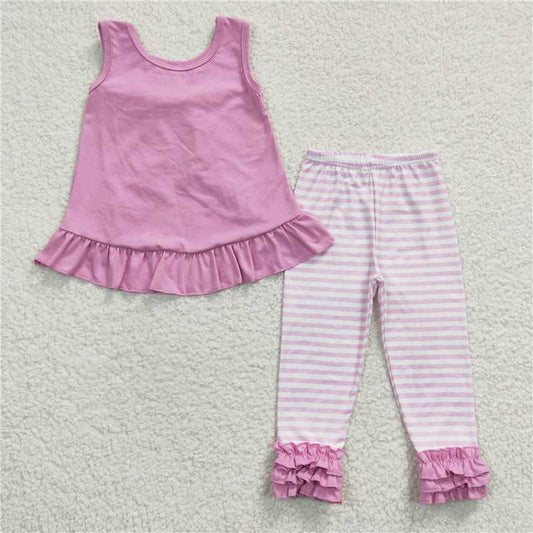 GSPO0507 Girls Pink Lace Stripe Tank Top Trousers Set