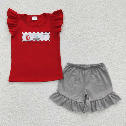 GSSO0161 Girls Embroidered Steamboat Boots Red Flying Sleeve Shorts Set