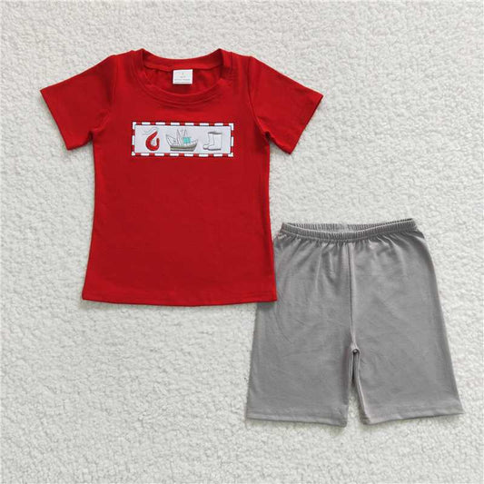 BSSO0144 Boys Embroidered Steamboat Boots Red Short Sleeve Shorts Set