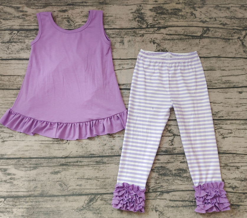 GSPO0506 Girls Purple Lace Stripe Tank Top Trousers Set