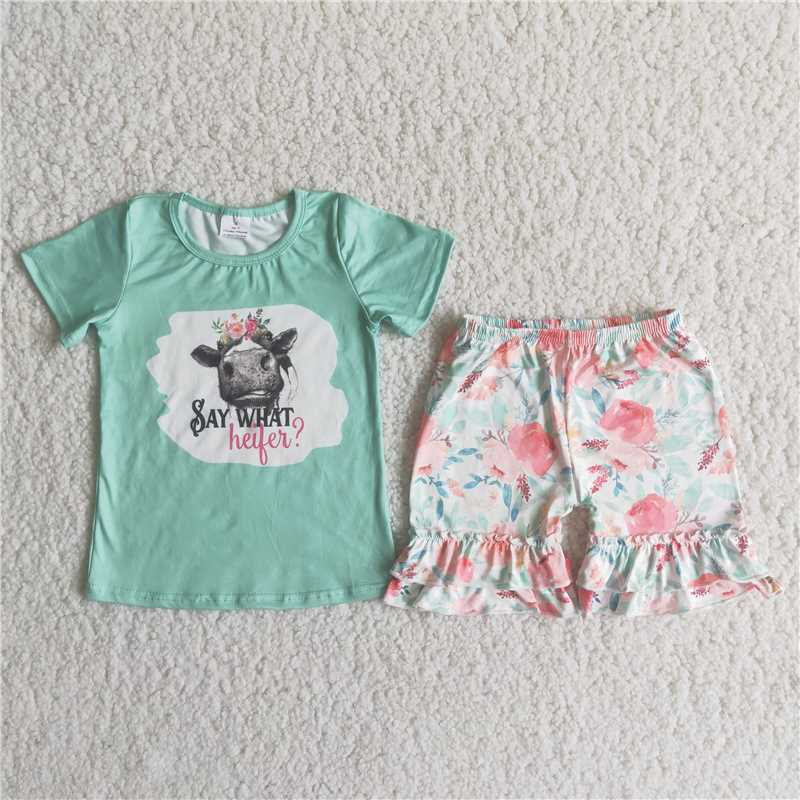 C4-16 Bullhead green short-sleeved floral shorts set