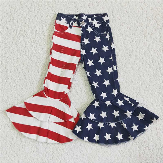 High Quality Kids double ruffle jeans baby girls star and stripe bell bottom