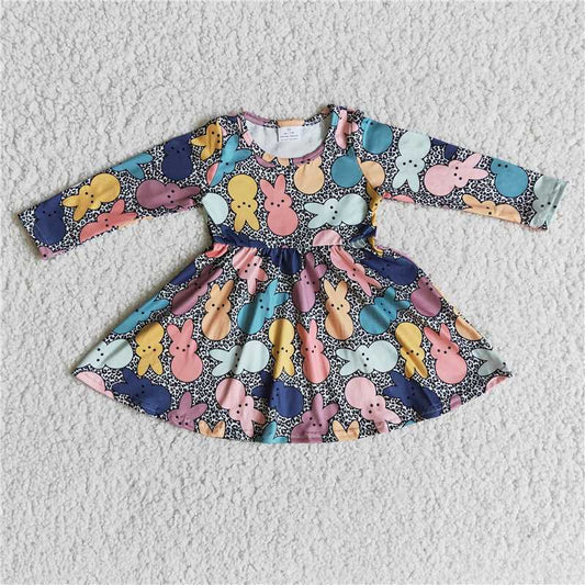 A28-20 Easter Colorful Bunny Long Sleeve Dress