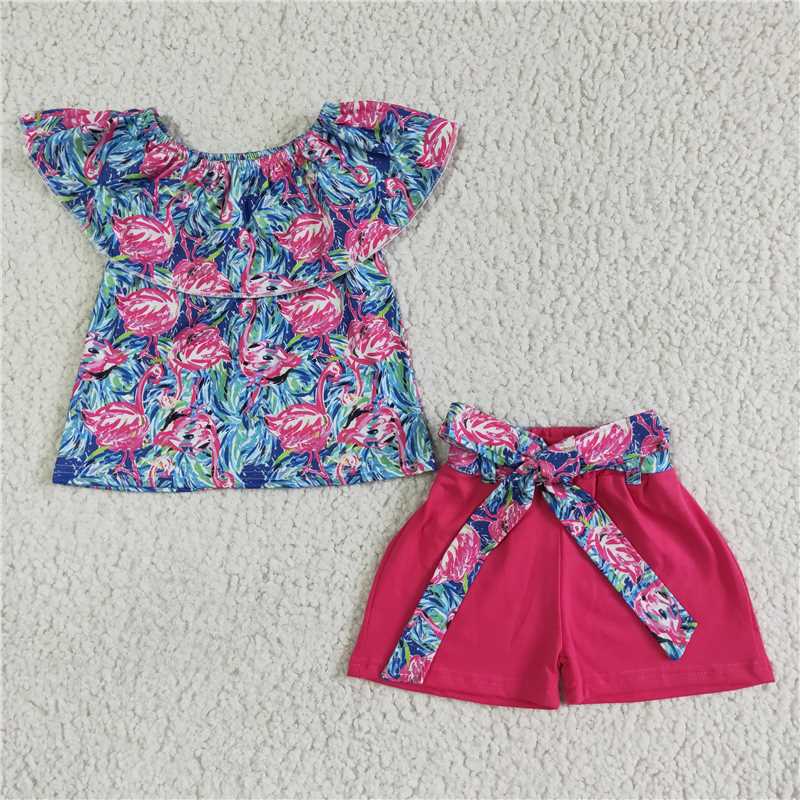 GSSO0101  Girls Flower One Shoulder Bow Rose Red Shorts Set