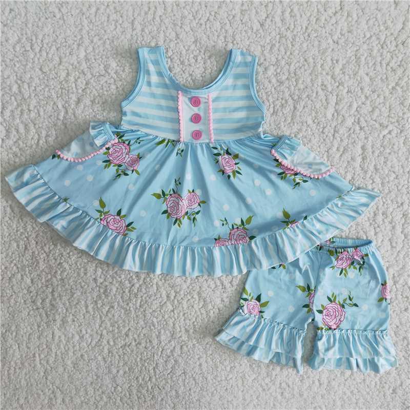 A17-2 Light Blue Sleeveless Pocket Flower Suit