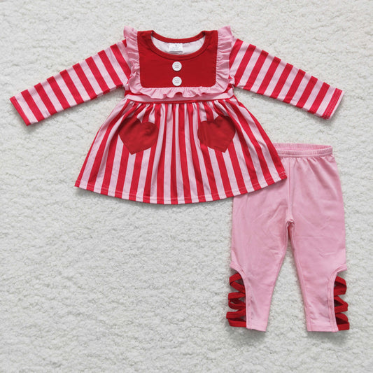 6 B11-22 girl stripe long sleeve red heart pattern top match pink cotton pants for valentine's day