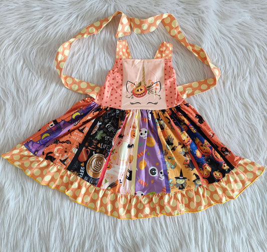children sleeveless stitching twirl dress with unicorn and pumpkin pattern