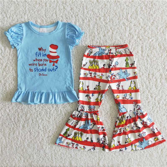girl puff sleeves blue top flare pants set children cute print outfit