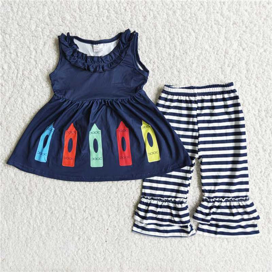 D2-28 girl back to school pencil print sleeveless top and stripes ruffle pants set