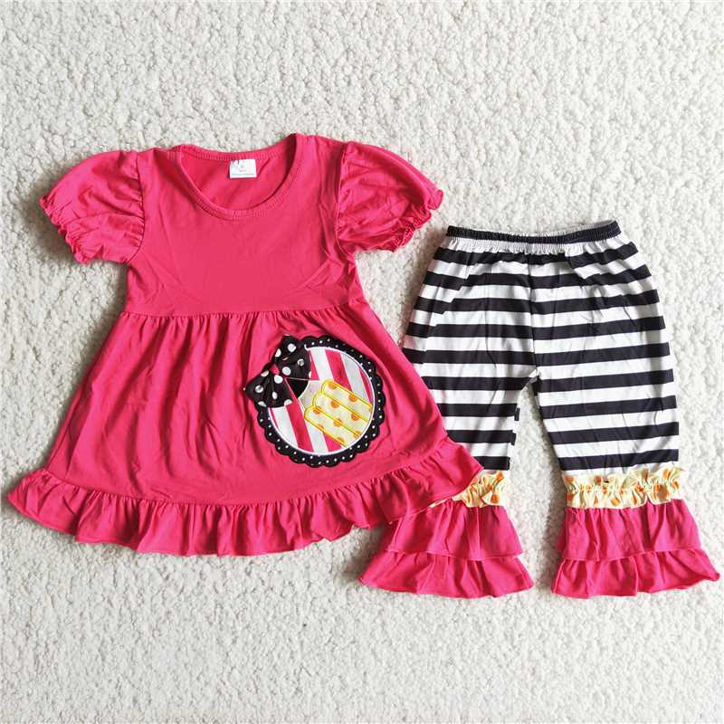 C10-23 girl back to school pencil embroidery cotton pink top stripes ruffle pants set C5-21