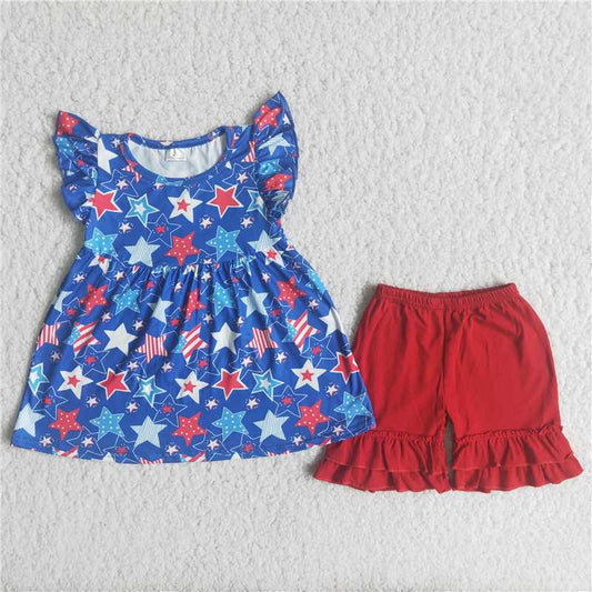 girl flutter sleeve tunic and red shorts with satr pattern
