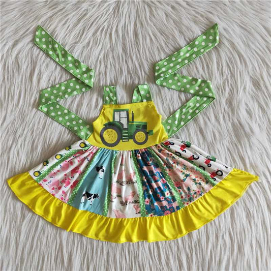 farm style baby summer frock girl animal and flowers pattern twirl dress