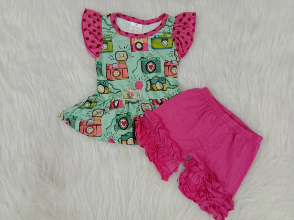 B8-21 girl short sleeve top with camera pattern match pink cotton icing ruffle shorts set
