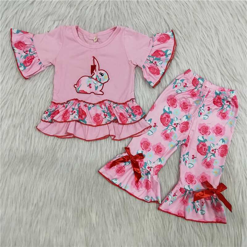 baby girls pink  flowers outfit with embroidery bunny