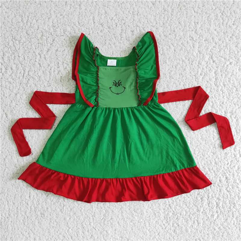 D4-4 baby girls green short sleeve twirl dress with red belt for christmas