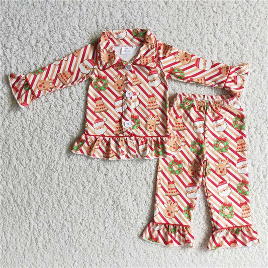 6 A23-18 girl cute christmas deer and santa print long sleeve turn-down collar pajamas set