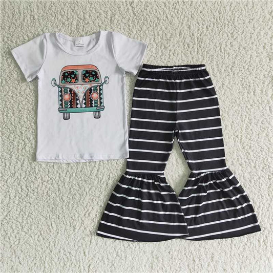 B5-9 girl white short sleeve top match black stripes bell bottoms outfit for back to school