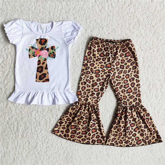 girl white puff sleeve top match leopard bell pants kid cross outfit