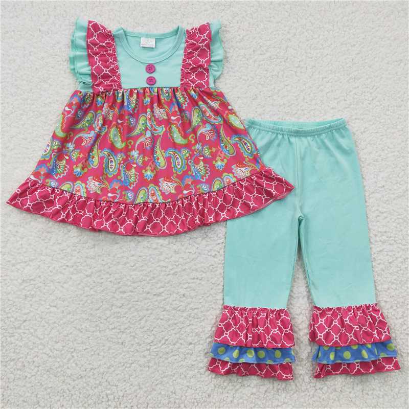 C3-21 Rose Red Buckle Lace Sleeve Light Green Pants Set