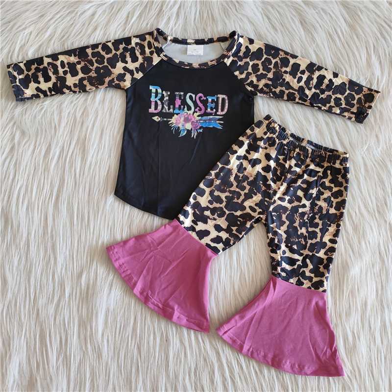 girl blessed letter design long sleeve outfit with leopard