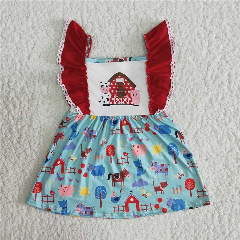 girl farm style flutter sleeve frock baby kids cute animals pattern dress with lace