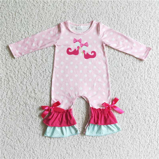 6 A30-16-2 baby girls pink long sleeve white polka dot christmas romper with bow-knot