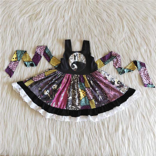 fashion sleeveless kids twirl dress with lace girl halloween stitching fabric frock