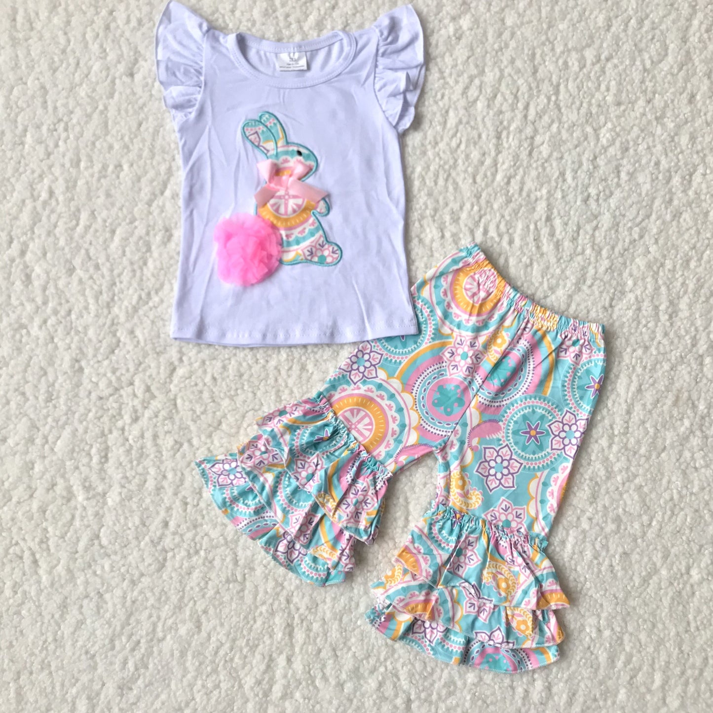 girl embroidery bunny flutter sleeve outfit